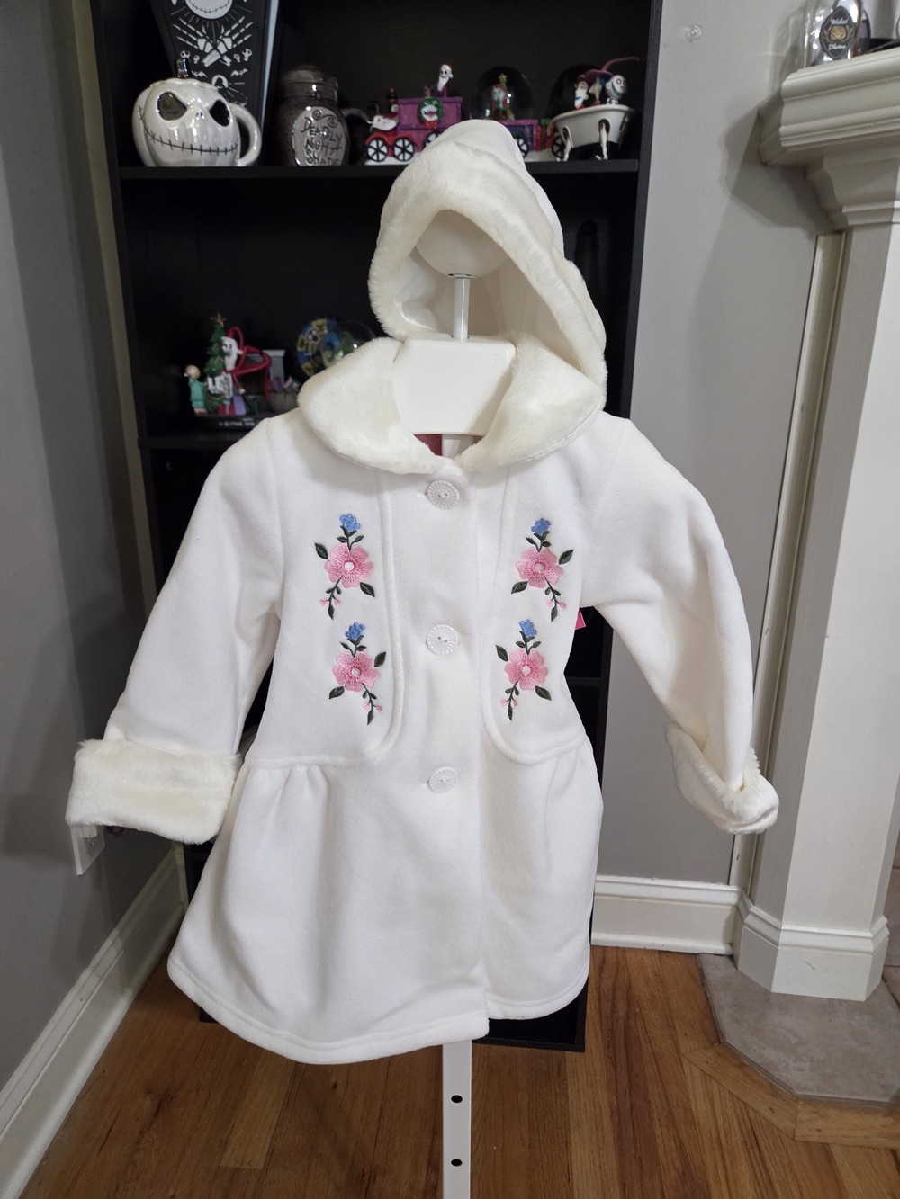 Good Lad White Pea Coat with Pink & Blue Floral Embroideryand Matching Hat